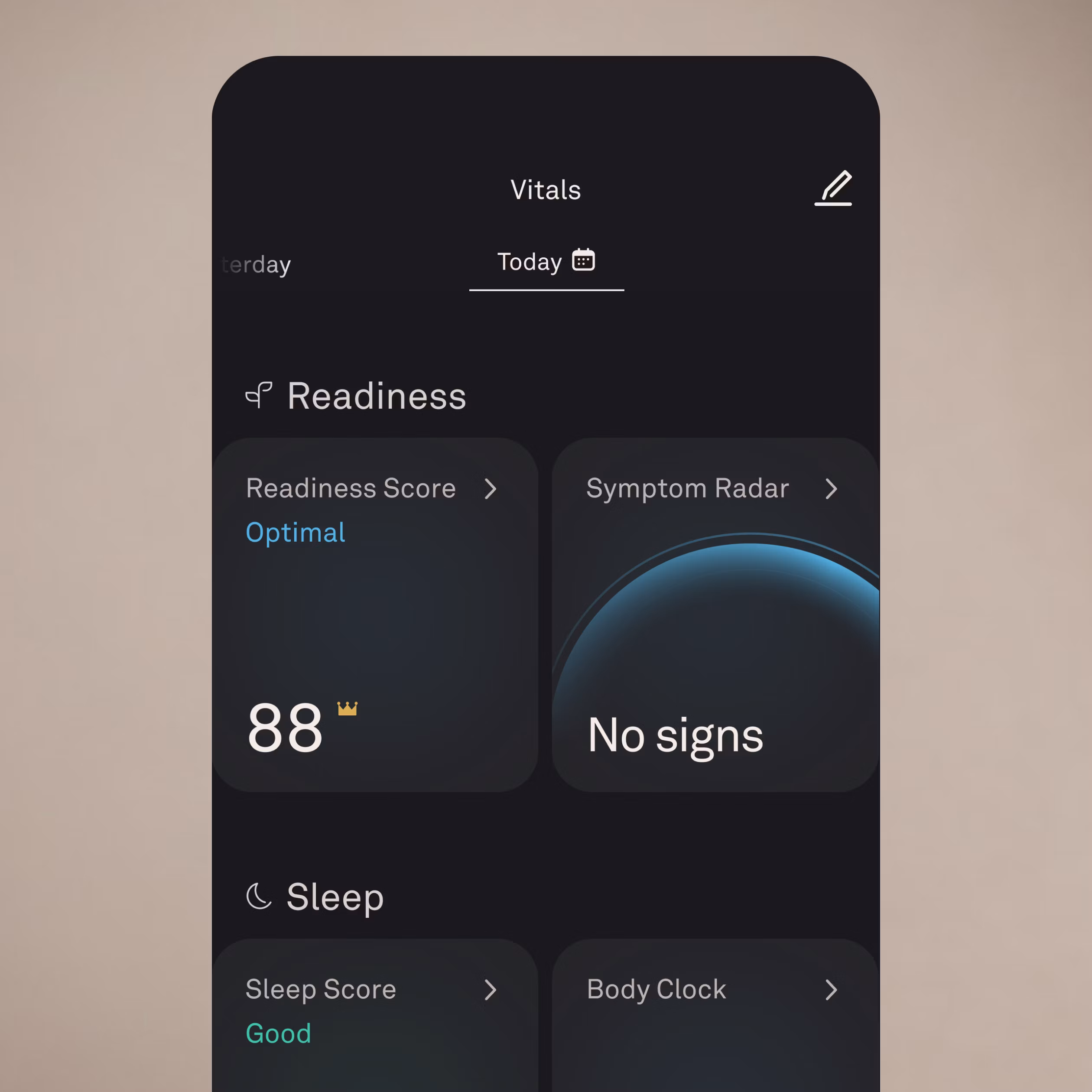 Oura Ring App on the vitals feature