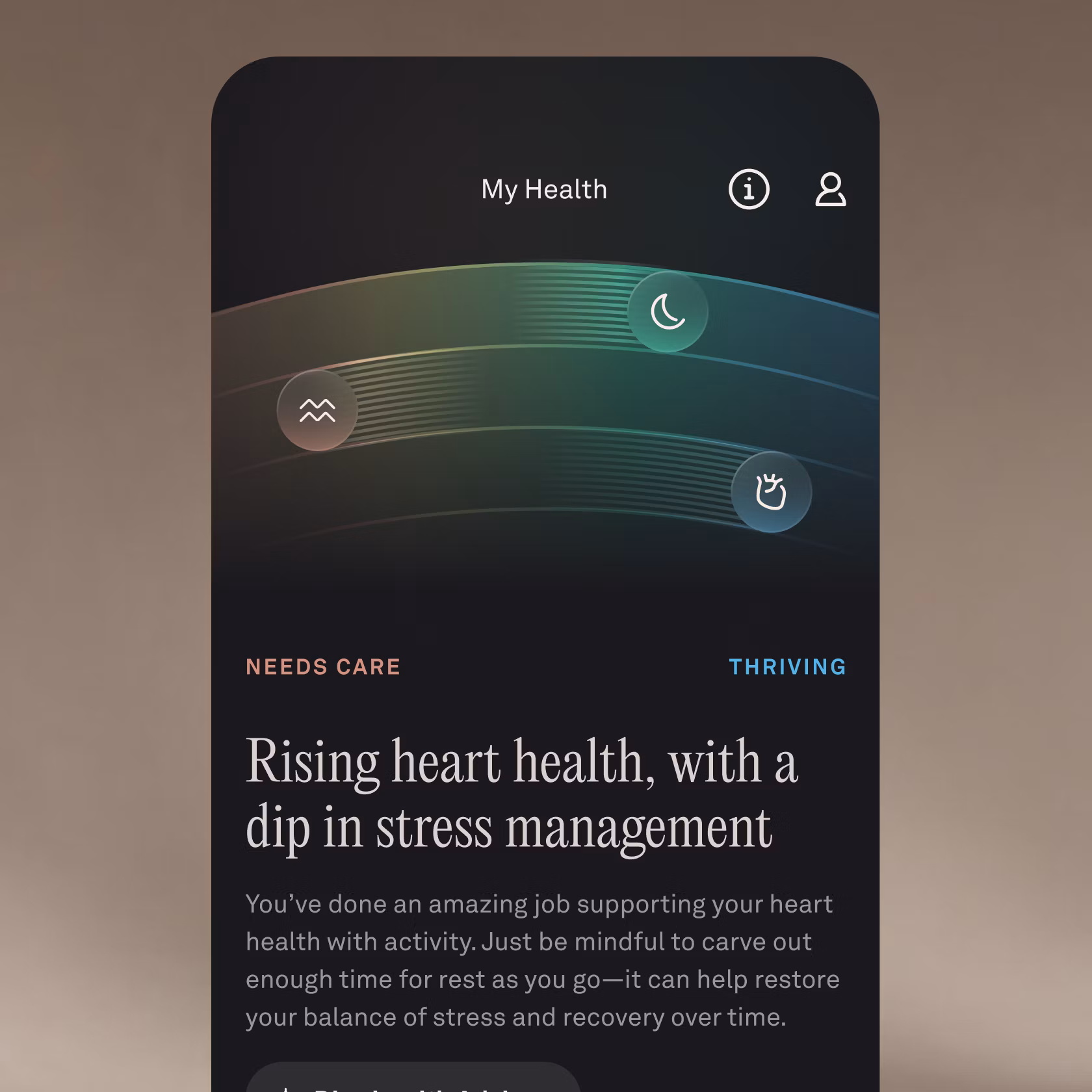 A screenshot of the My Health screen in the Oura App, displaying an insight about heart health progress and stress management