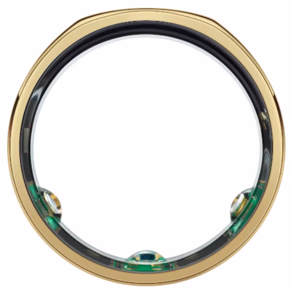 A close-up view of the sensors of an Oura ring