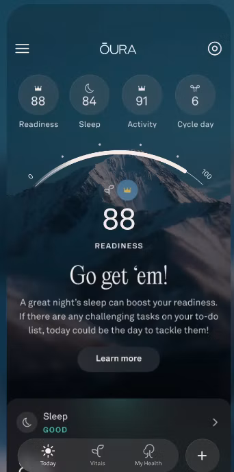 A screenshot of the Today home screen in the Oura App, showing the Readiness, Sleep, Activity, and Cycle day scores