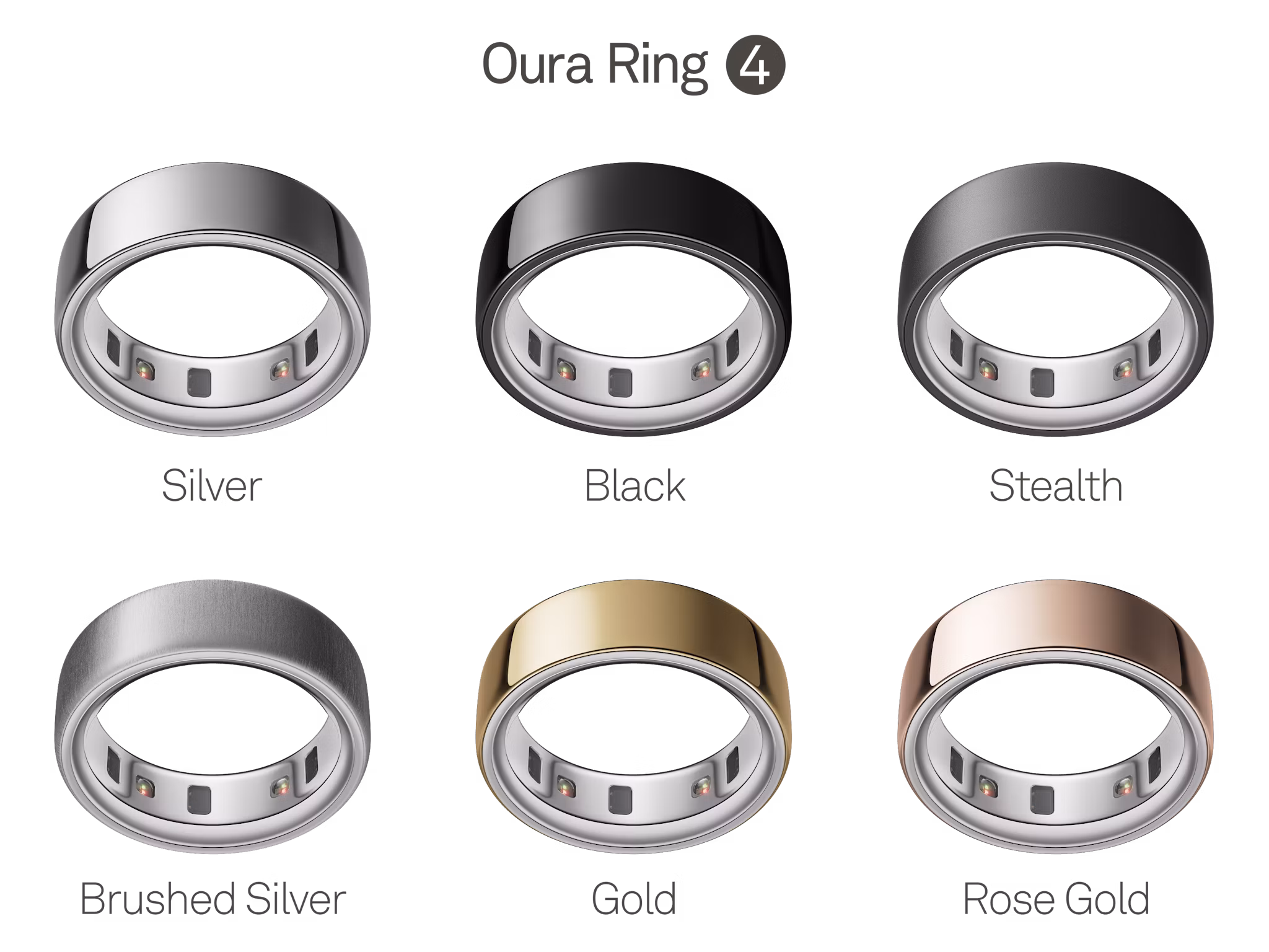 Oura Ring 4 finishes: silver, black, stealth, gold, rose gold