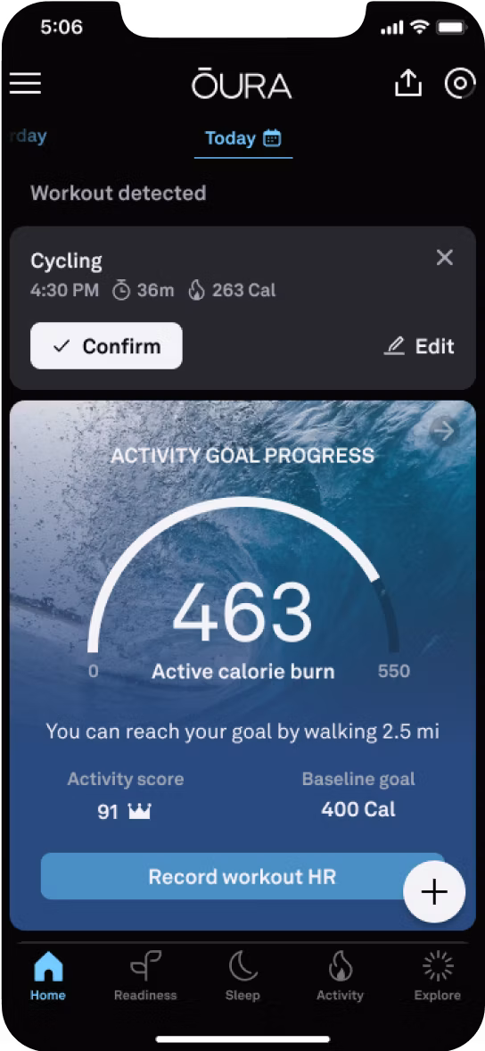 Screenshot of Oura mobile app showing activity goal progress